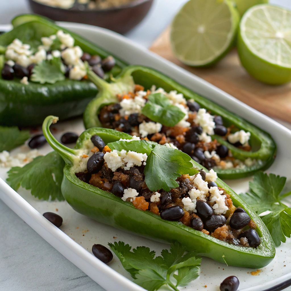 Stuffed Poblano Peppers with Black Beans and Cotija