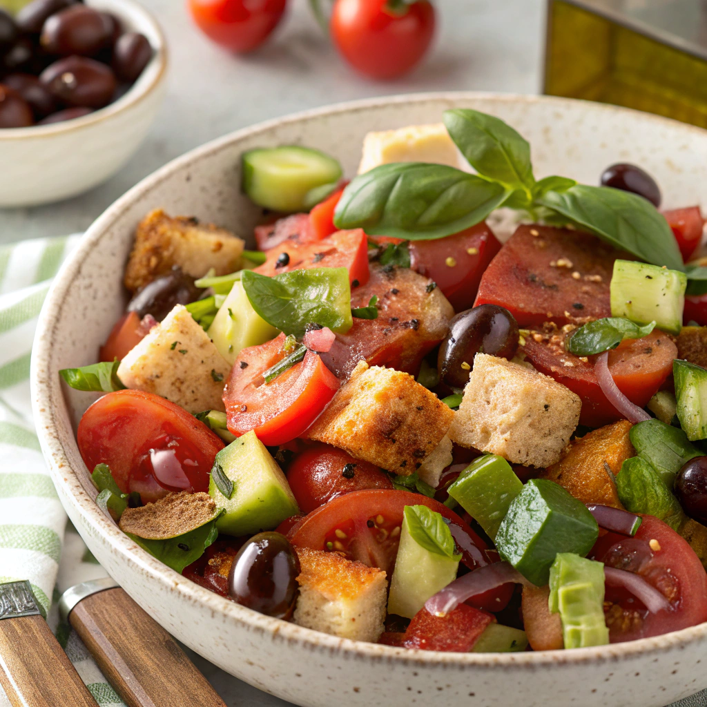 Savory Tomato and Olive Panzanella with Roasted Garlic Vinaigrette Tomato and Olive Panzanella