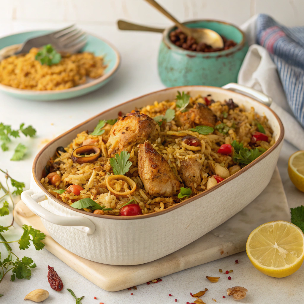 biryani-inspired brown rice bake