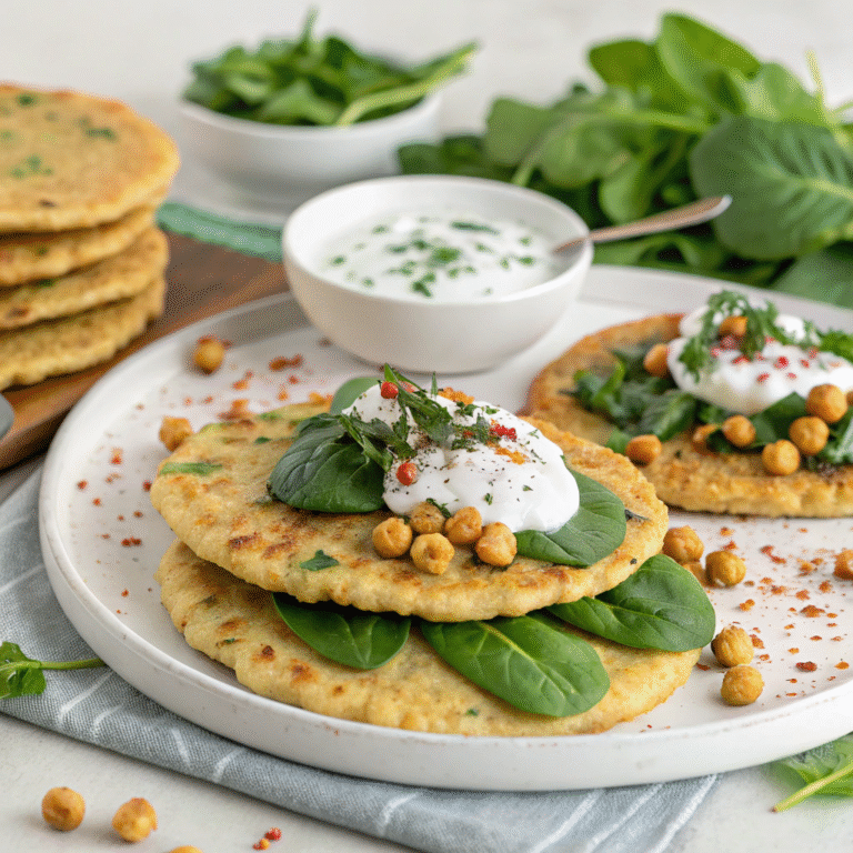 Chickpea Spinach Flatbreads with Cumin Yogurt Sauce