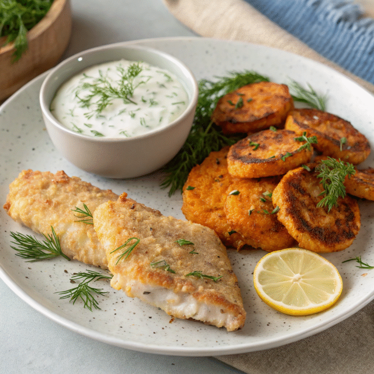 Crispy Fish and Sweet Potato Cakes with Dill Yogurt Sauce
