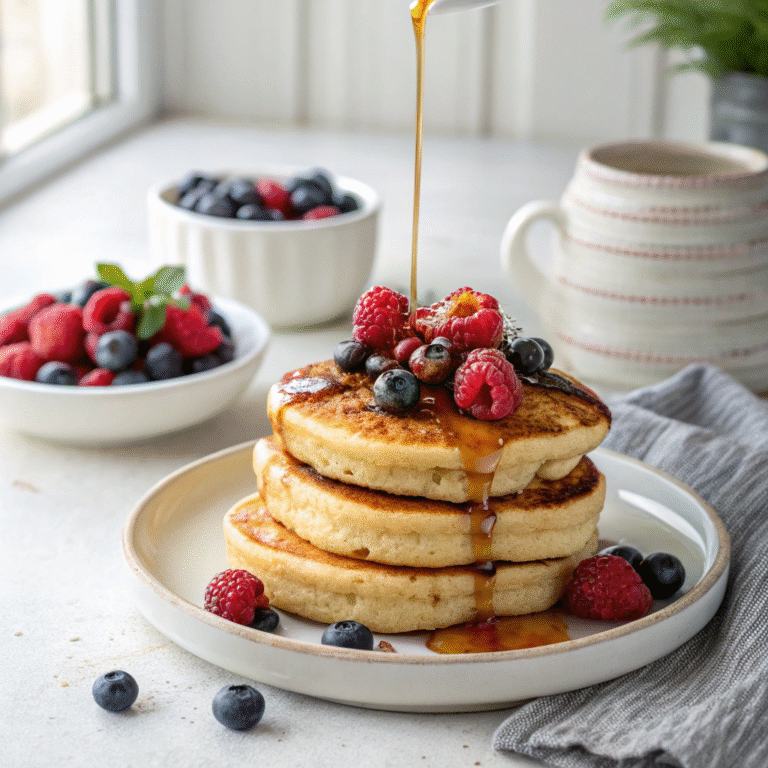 Fluffy Vegan Pancakes with Fresh Berries and Maple Syrup