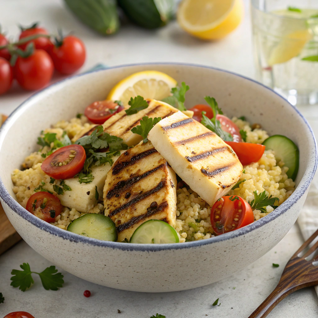 Grilled Halloumi and Mediterranean Couscous Bowl Grilled Halloumi and Couscous