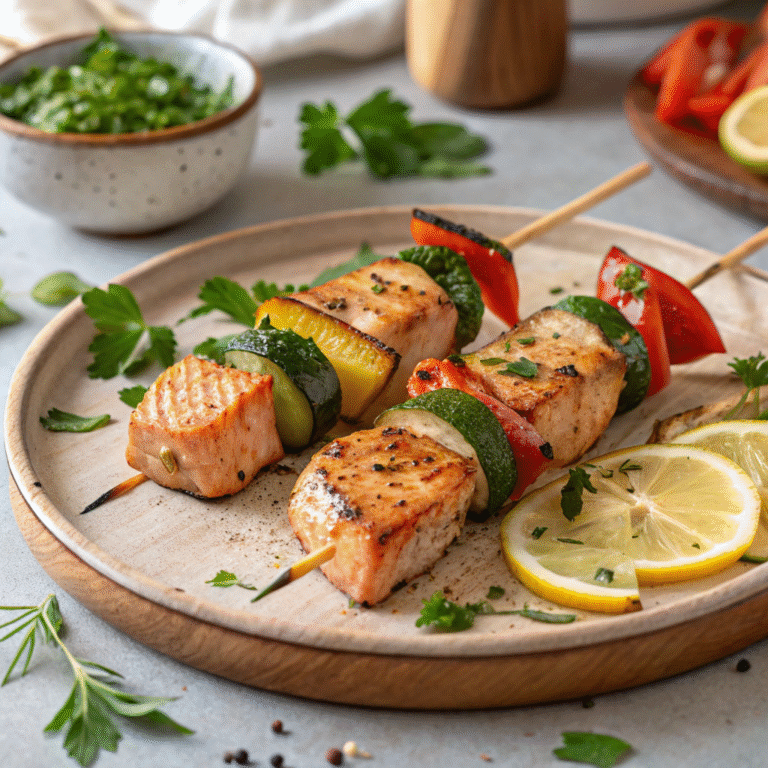 salmon skewers with vegetables