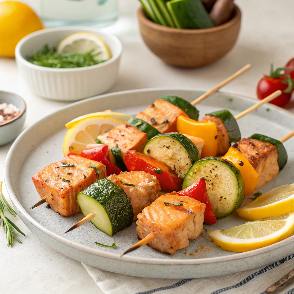salmon skewers with vegetables