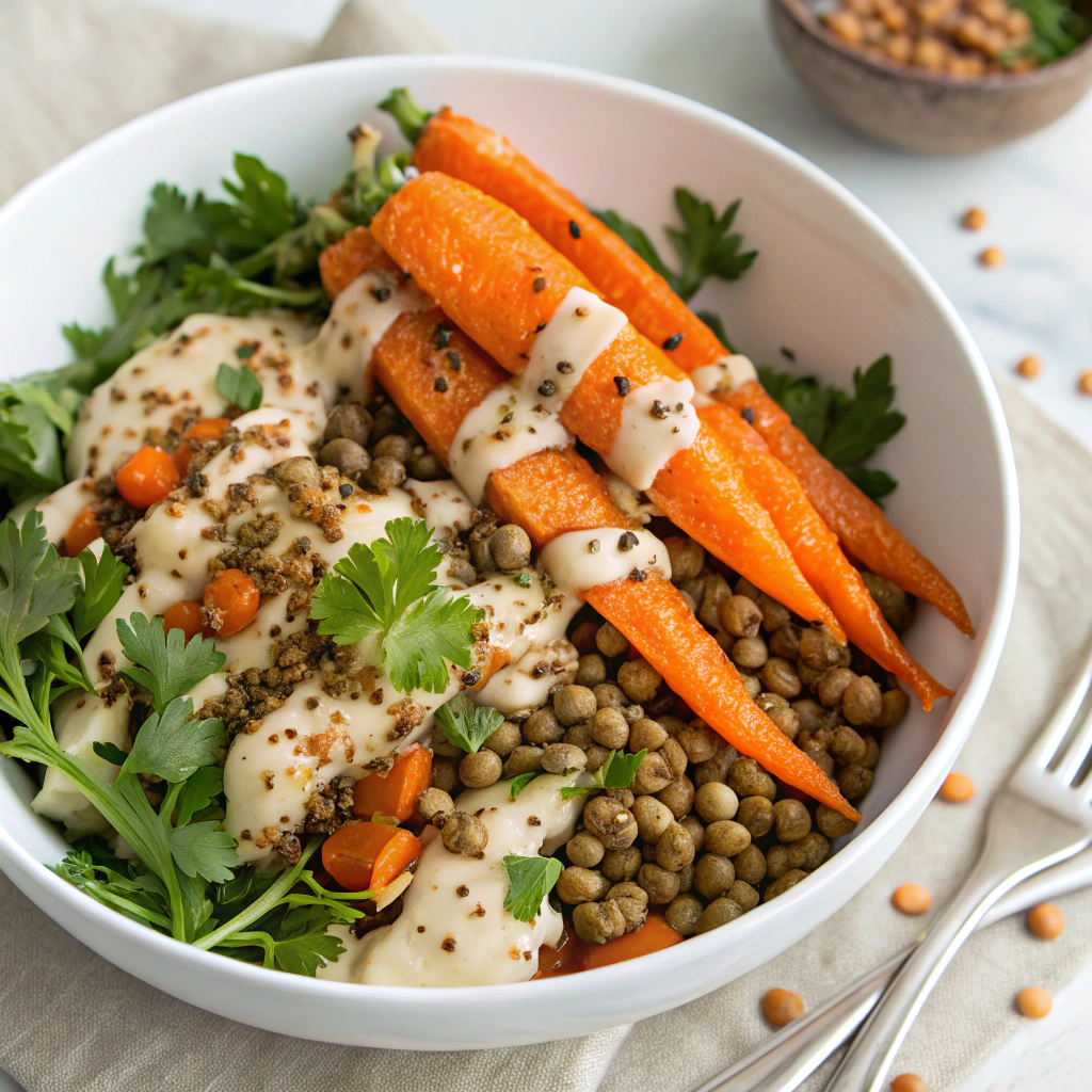 Roasted Carrot and Lentil Salad with Creamy Tahini Dressing roasted carrot and lentil salad