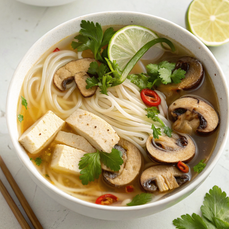 Savory Vegan Pho with Rice Noodles and Mushrooms