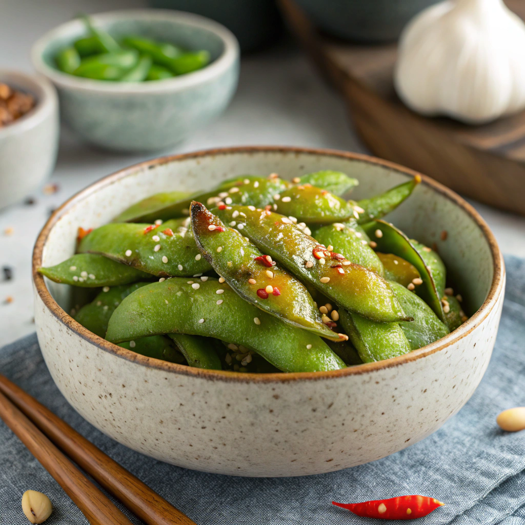 spicy garlic edamame