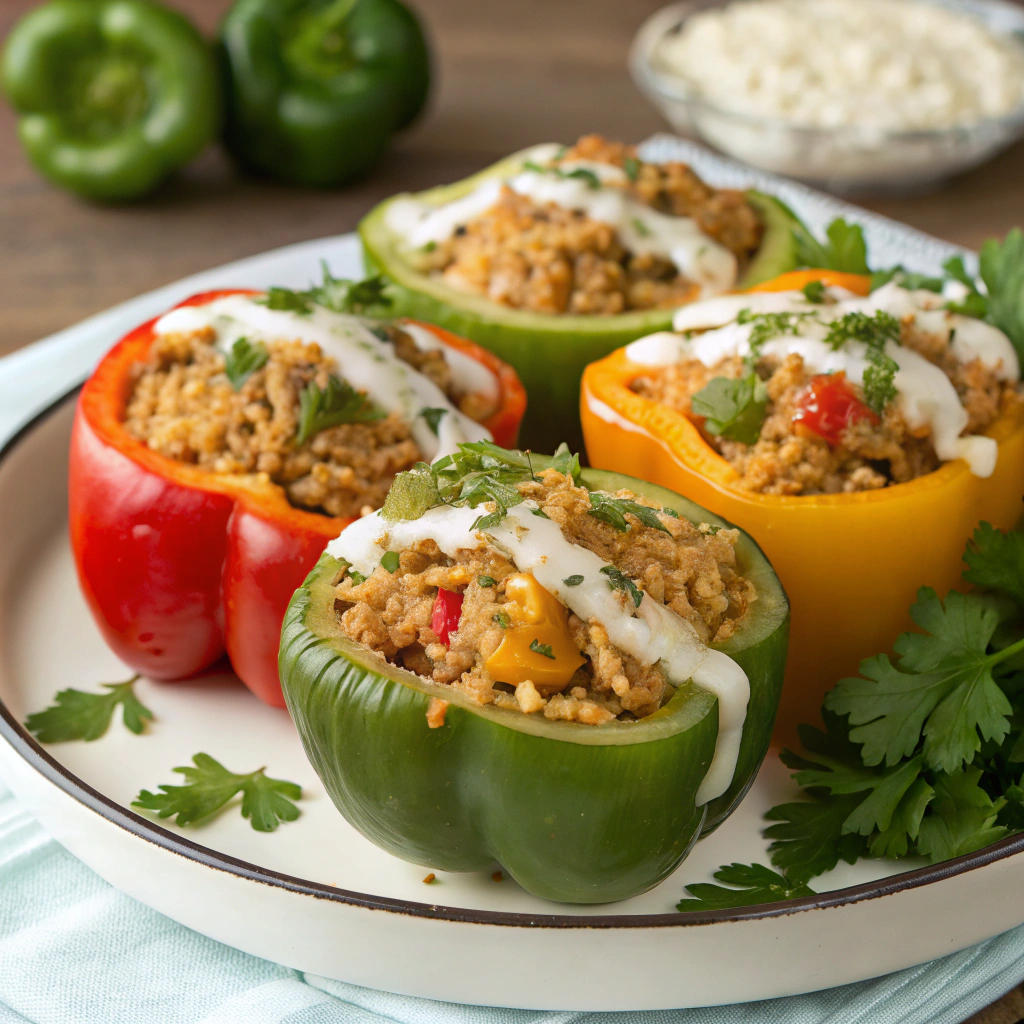 Comforting Stuffed Bell Peppers with Rice and Cashew Sauce comforting stuffed bell peppers
