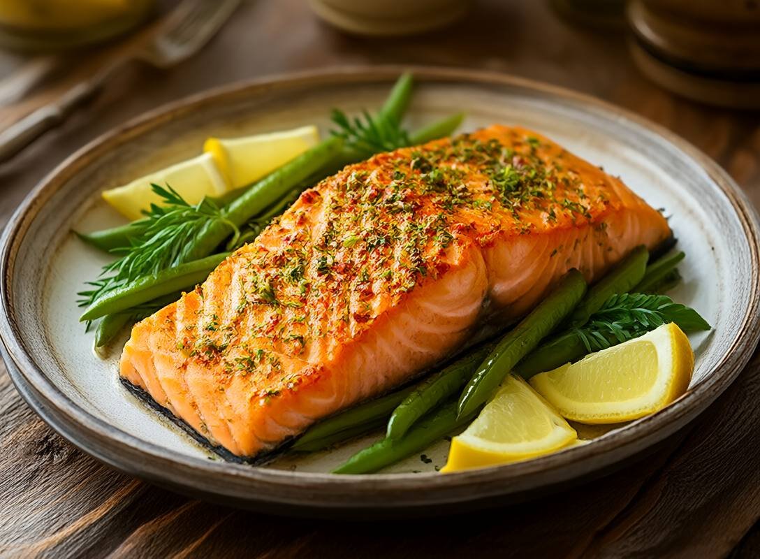 Air Fryer Herb Crusted Salmon with Green Beans