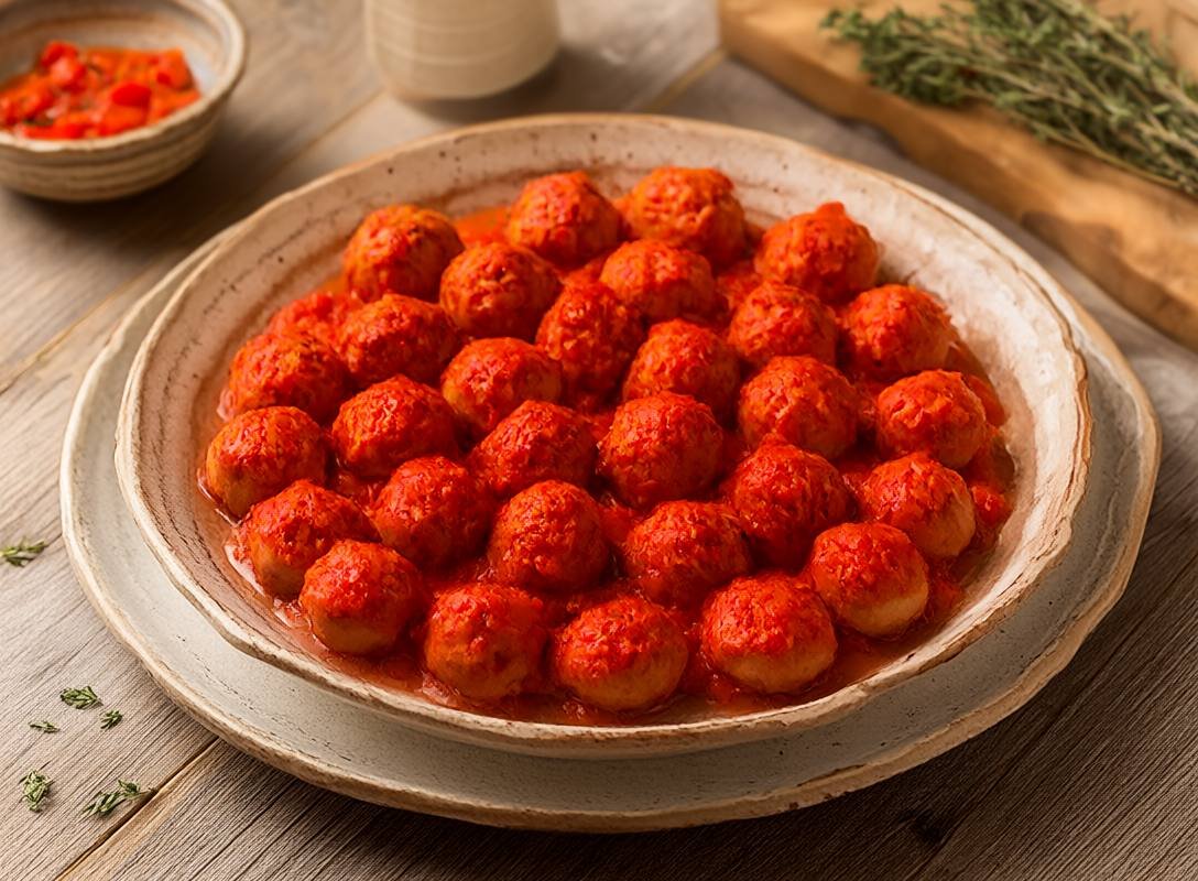 Baked Tofu Meatballs with Roasted Red Pepper Sauce