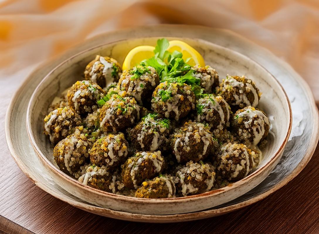Beet Falafel with Lemon Quinoa and Tahini Drizzle