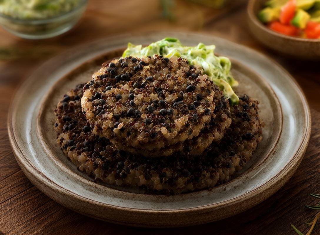 Black Bean and Quinoa Burgers with Creamy Avocado Slaw
