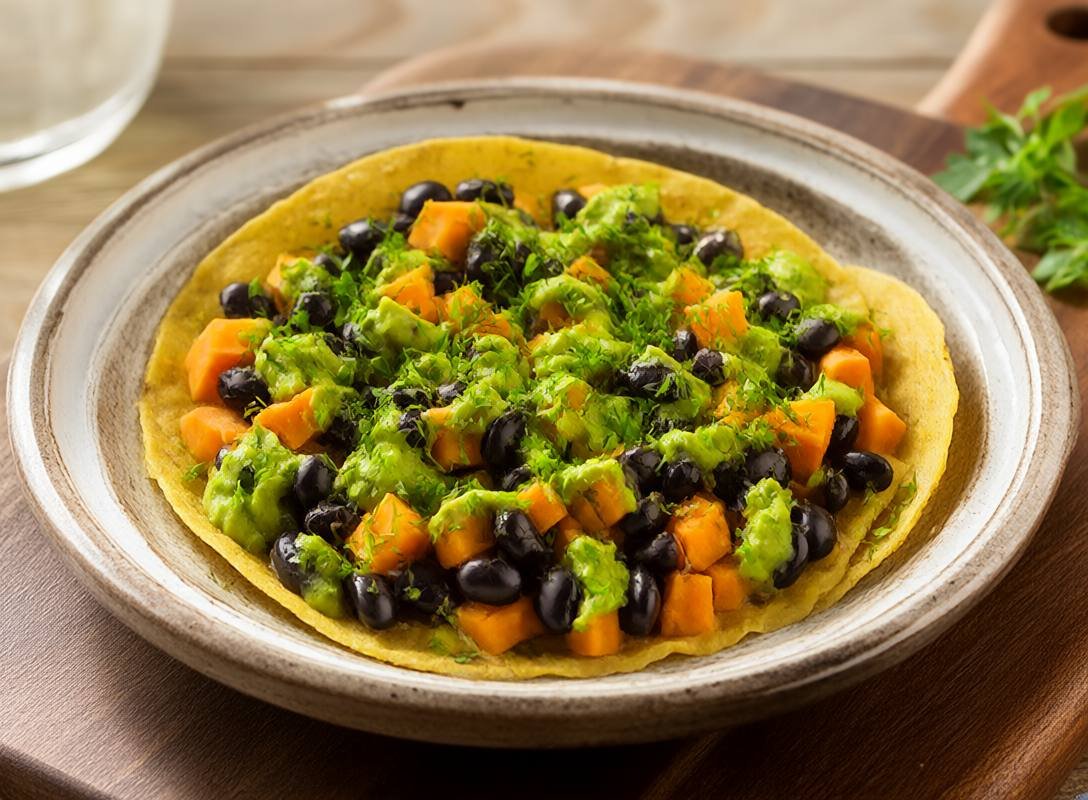 Black Bean and Sweet Potato Tostadas with Creamy Avocado Sauce