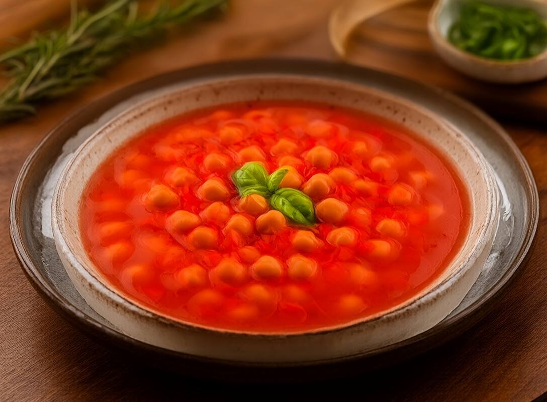 Chickpea and Tomato Gazpacho with Fresh Basil Oil