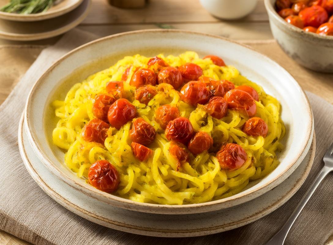 Delicious Spaghetti Squash with Pesto and Roasted Cherry Tomatoes