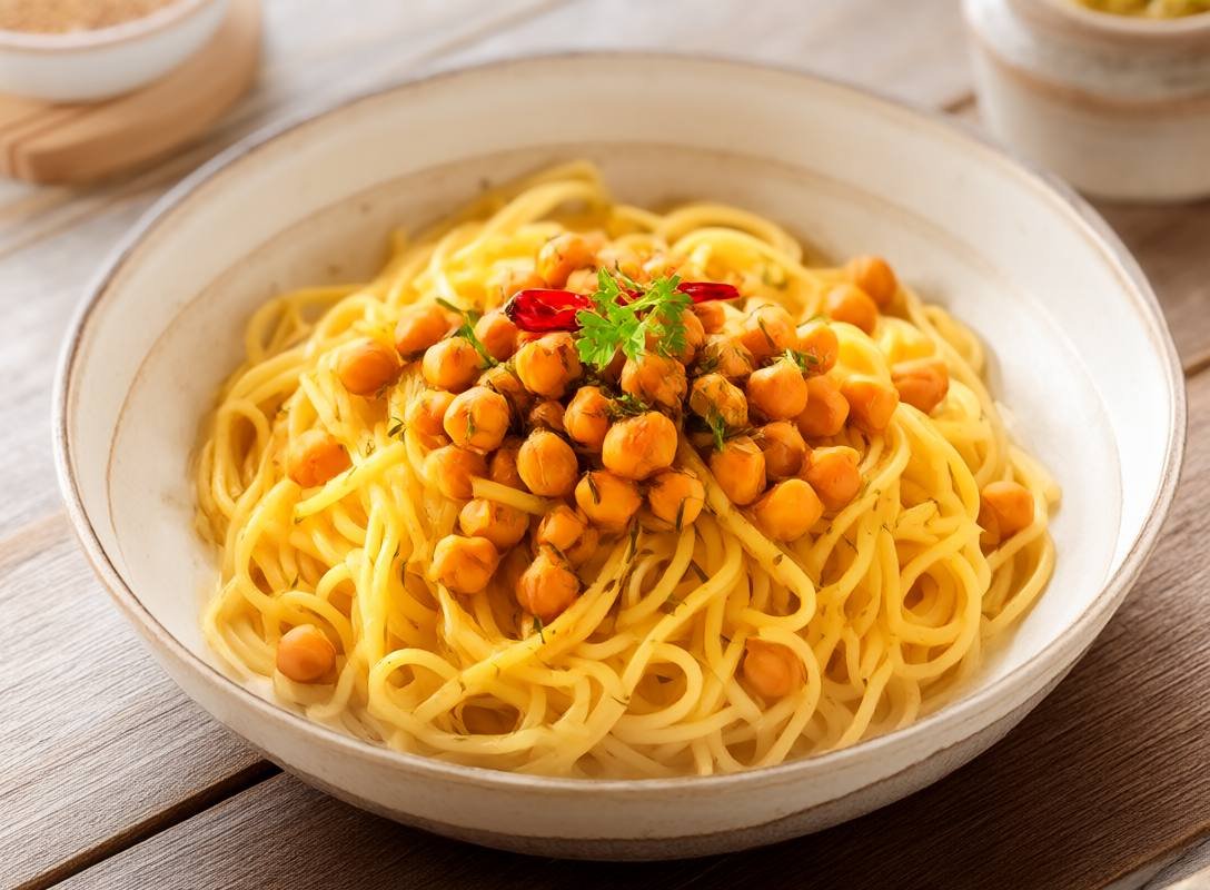 Flavorful Spaghetti Aglio e Olio with Roasted Chickpeas (Vegan)