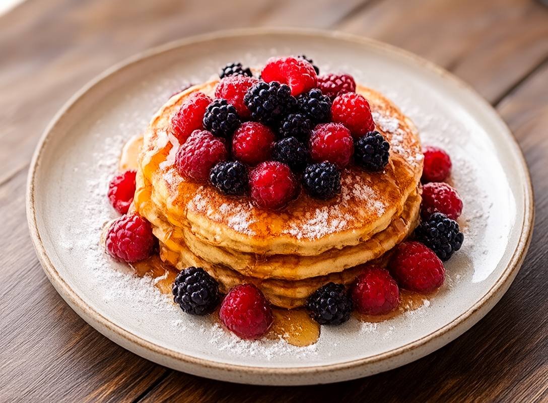 Fluffy Vegan Pancakes with Fresh Berries and Maple Syrup