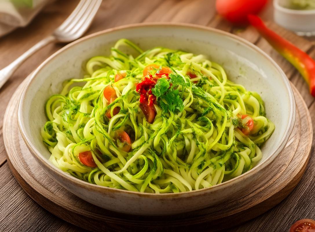 Fresh Zucchini Noodles with Pesto and Cherry Tomatoes