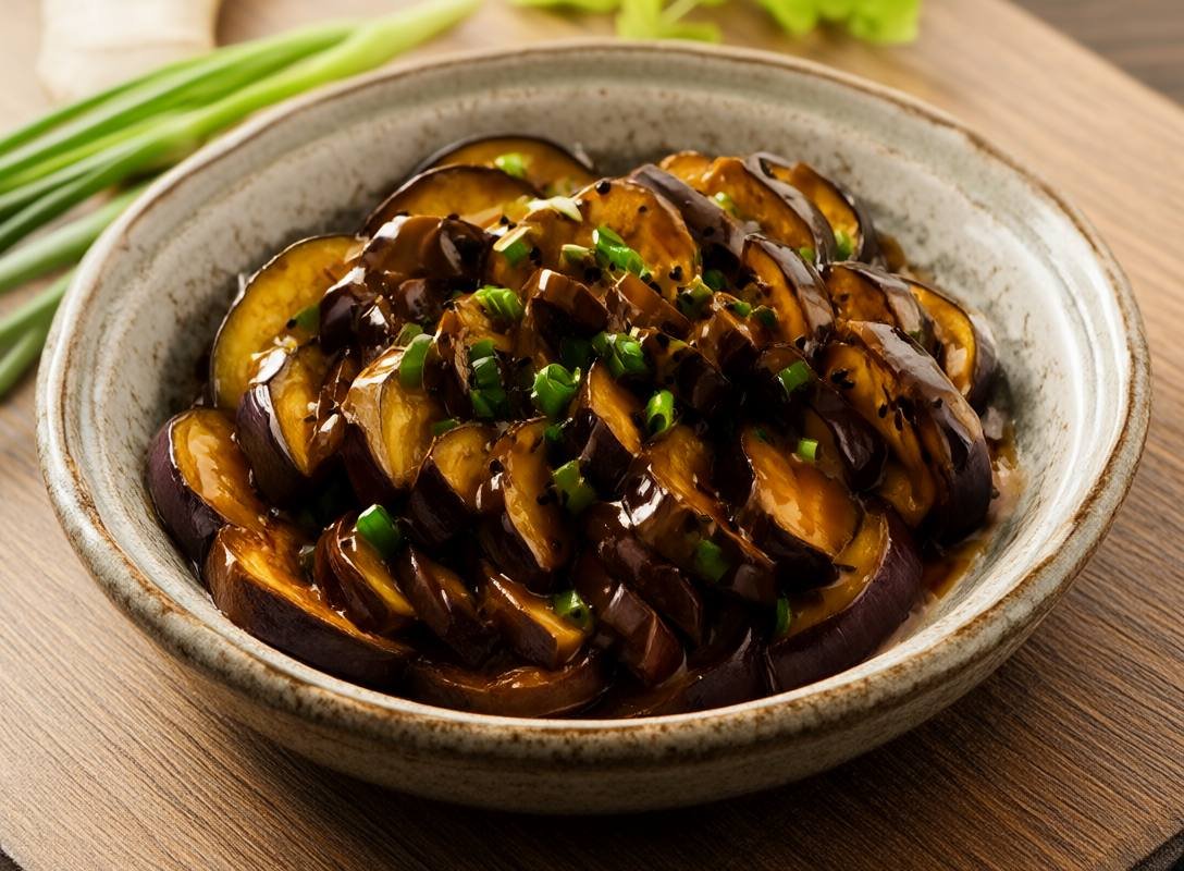 Ginger Miso Glazed Eggplant with Scallions and Black Sesame