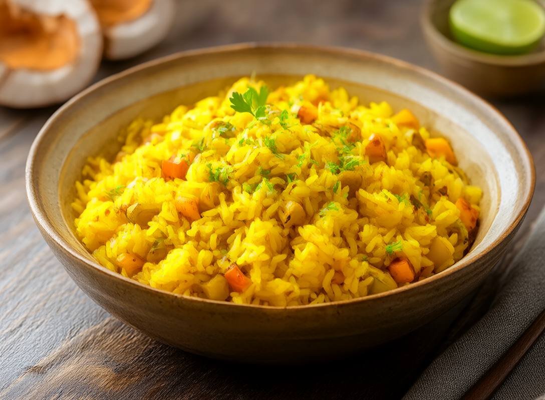Golden Turmeric Coconut Rice with Roasted Vegetables Recipe