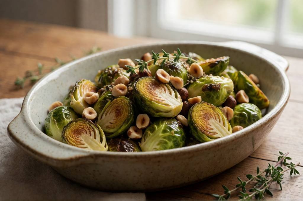 Maple-Miso Roasted Brussels Sprouts with Hazelnuts