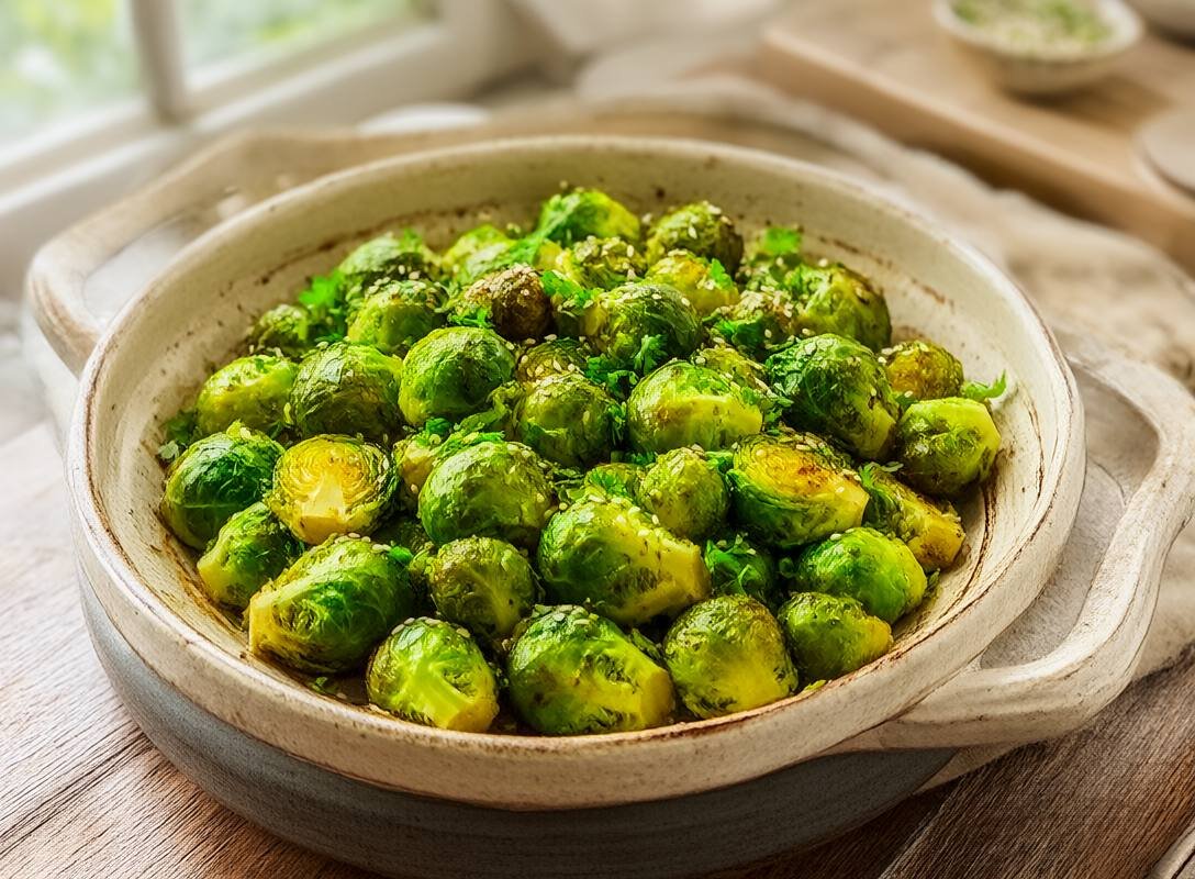 Miso-Butter Roasted Brussels Sprouts with Sesame Seeds