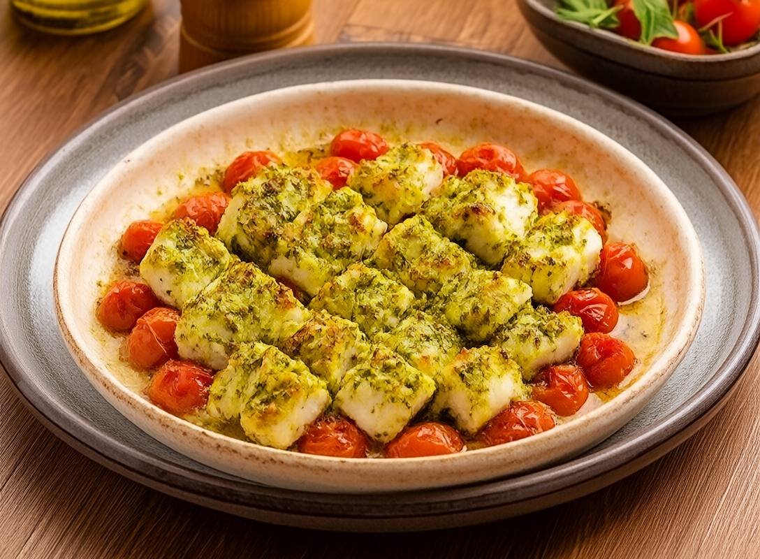 Pesto Baked Tilapia with Roasted Cherry Tomatoes