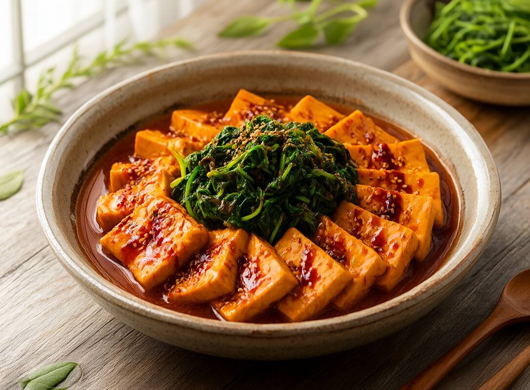 Savory Korean Braised Tofu (Dubu Jorim) with Sesame Spinach