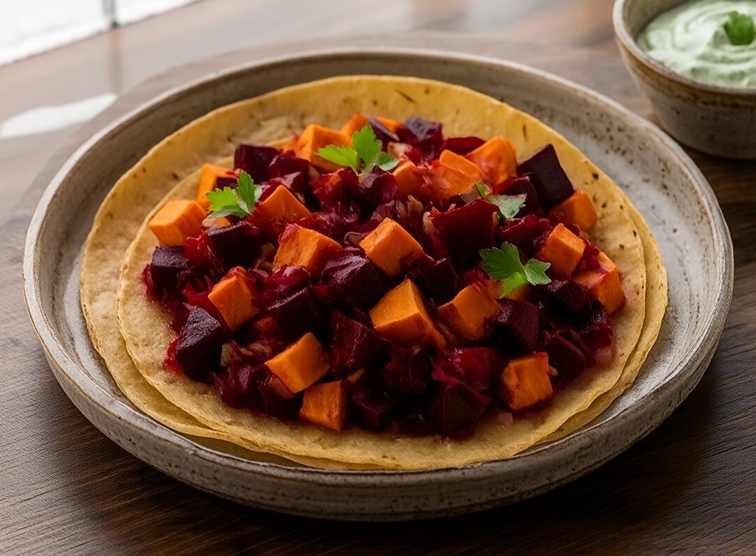 Savory Roasted Beet and Sweet Potato Tacos with Lime Crema