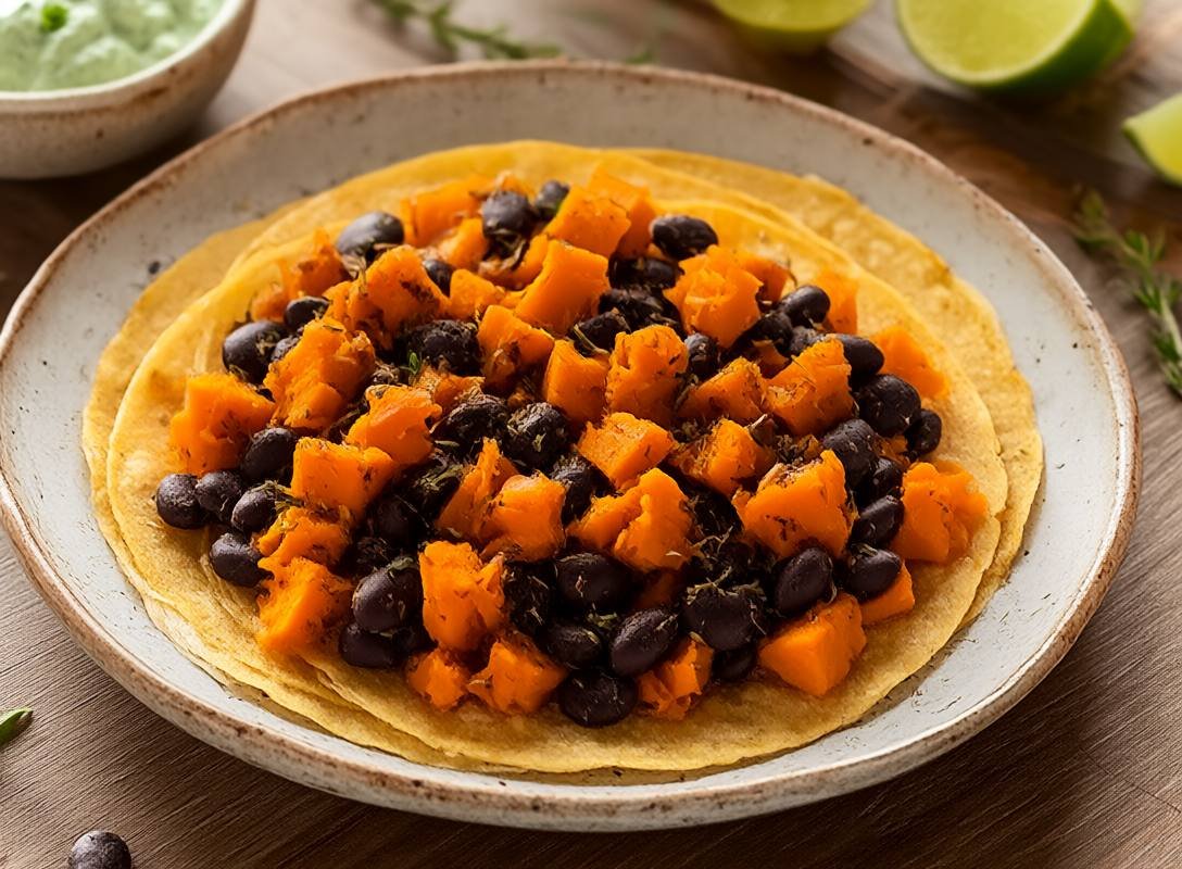 Savory Sweet Potato and Black Bean Tacos with Cashew Lime Crema