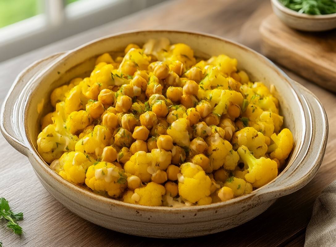 Savory Turmeric Roasted Cauliflower and Chickpeas with Tahini Drizzle