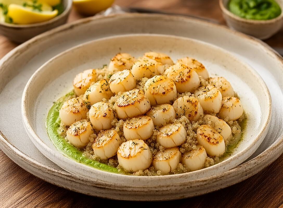 Seared Scallops with Lemon Herb Quinoa and Pea Purée