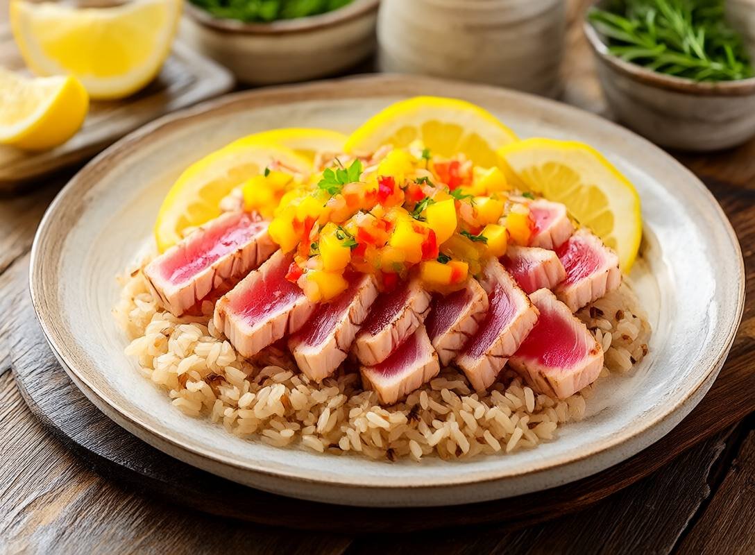 Seared Tuna with Mango Salsa and Brown Rice