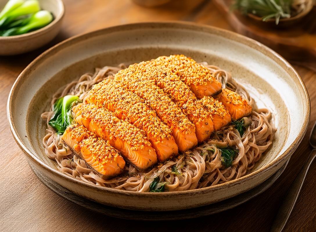 Sesame-Crusted Salmon with Soba Noodles and Bok Choy Recipe