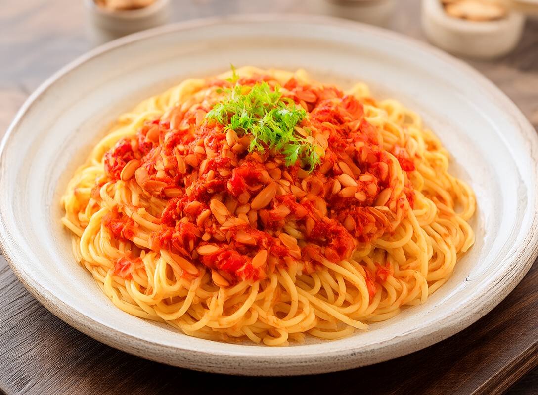 Spaghetti with Roasted Red Pepper Pesto and Toasted Almonds