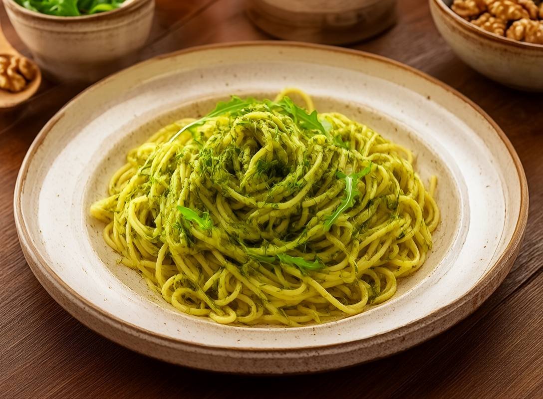 Spaghetti with Walnut Pesto and Arugula