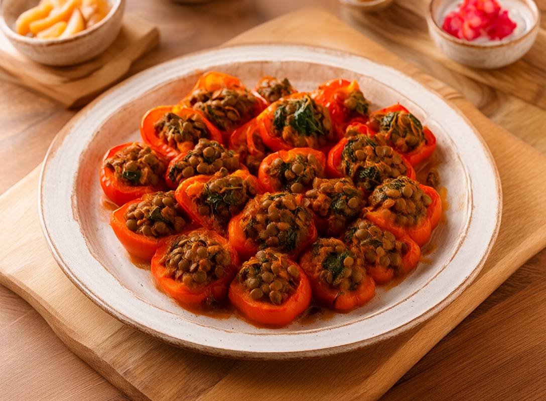 Spicy Curried Lentil and Spinach Stuffed Bell Peppers with Coconut Yogurt