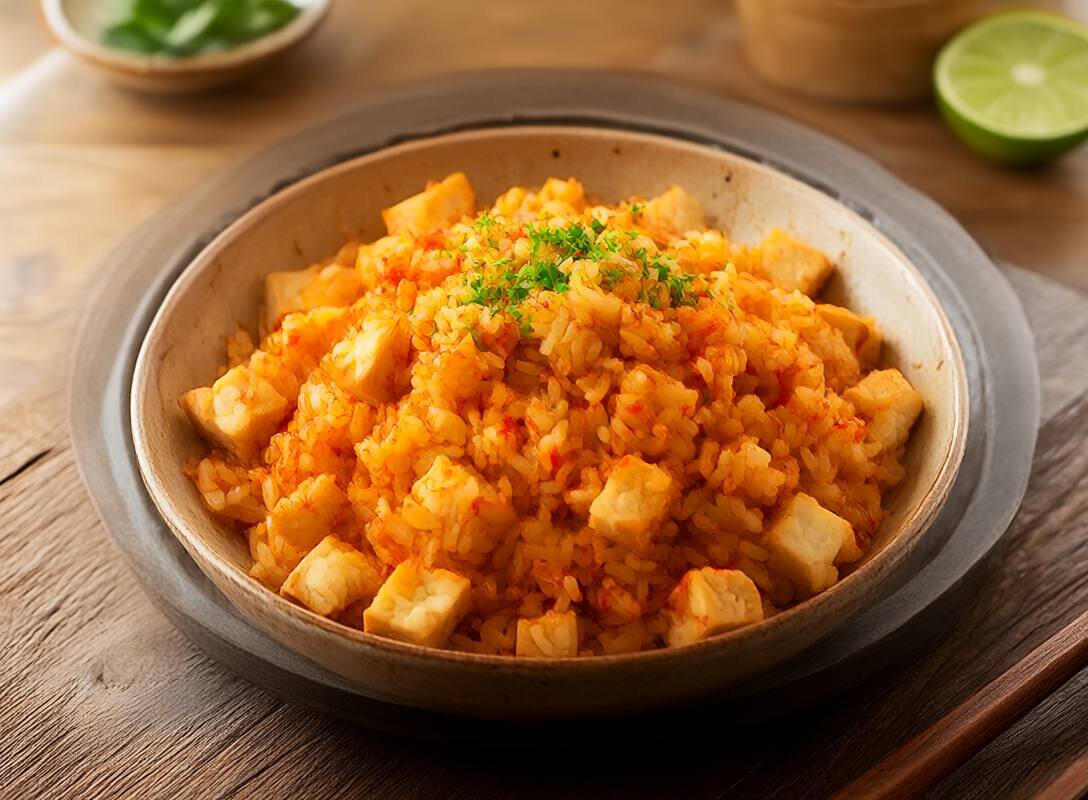 Spicy Kimchi Fried Rice with Crispy Tofu