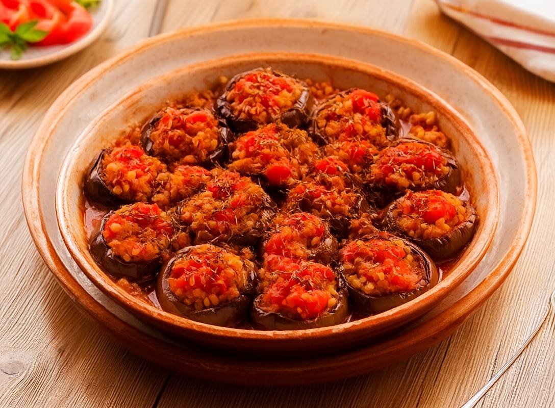 Turkish Stuffed Eggplant with Tomatoes and Bulgur (Imam Bayildi)