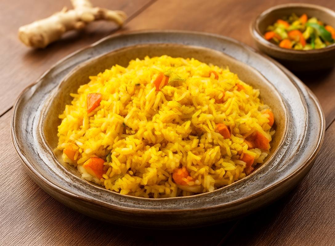 Turmeric Rice with Vegetables, Roasted and Ginger