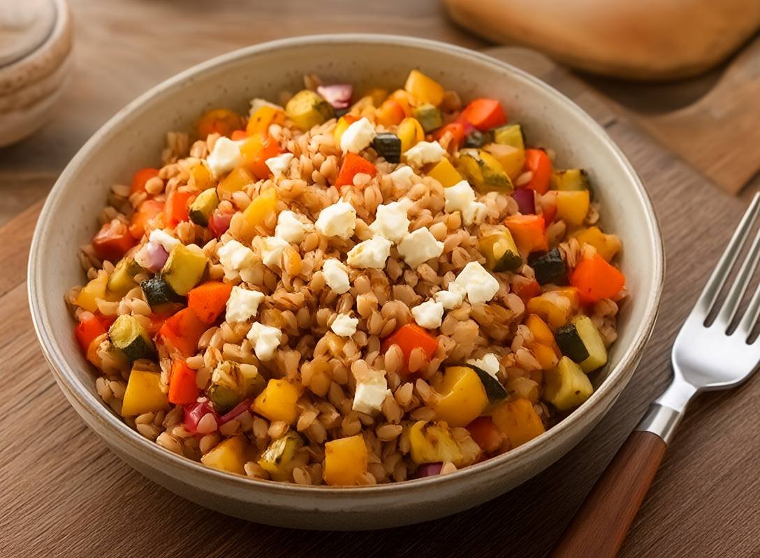 Vegetarian Power Bowl with Farro, Roasted Veggies & Feta