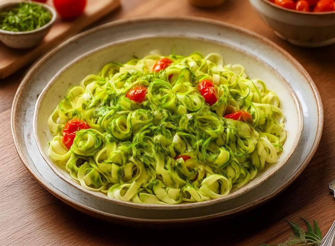 Zucchini Noodles with Creamy Avocado Pesto & Roasted Cherry Tomatoes