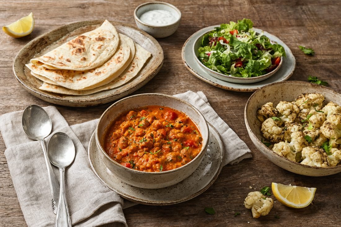 A weeknight pescatarian dinner spread: lentil curry, flatbreads, roasted cauliflower and a green salad